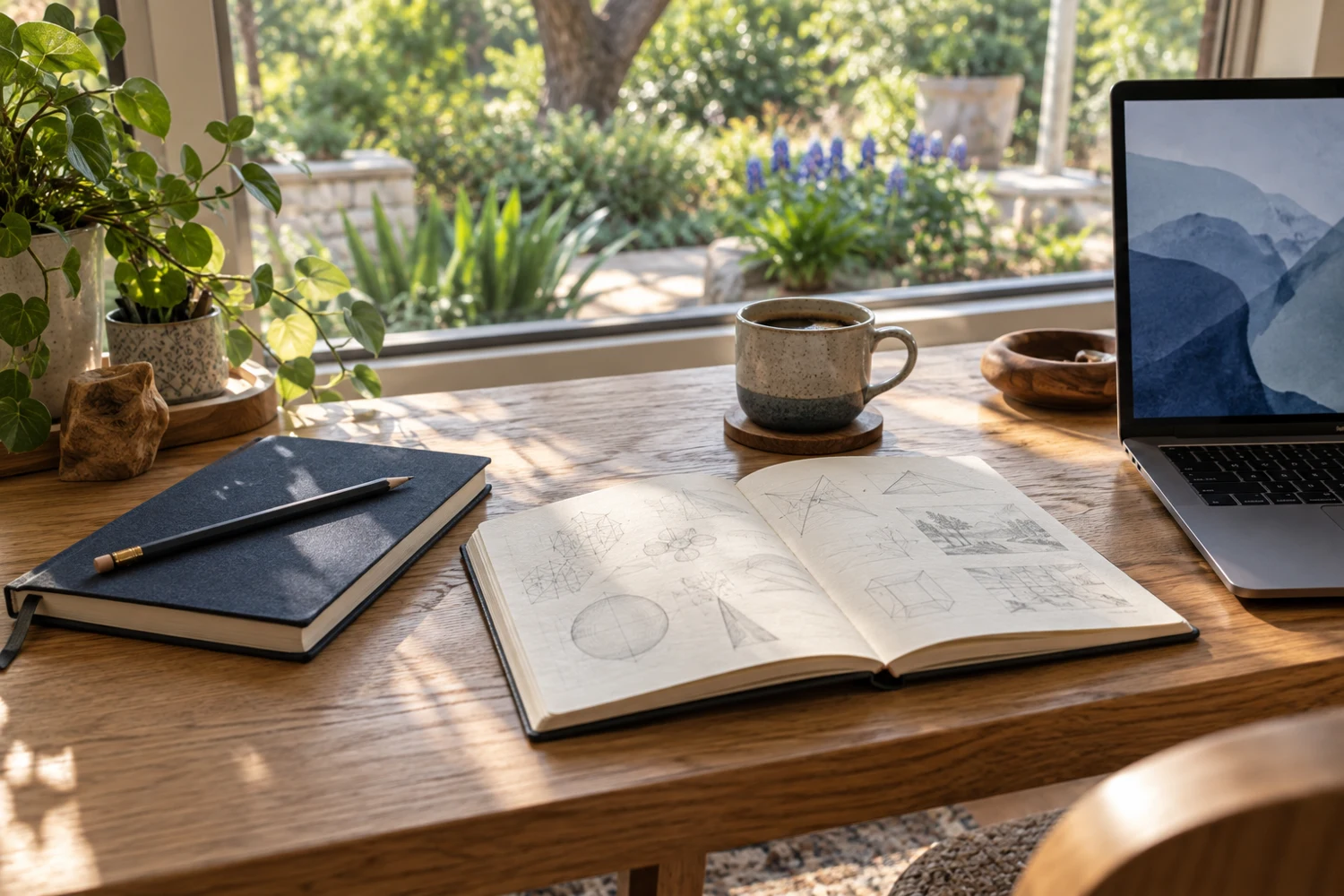 AI-generated photograph of a sunlit desk with a sketchbook, navy notebook, laptop, and coffee.