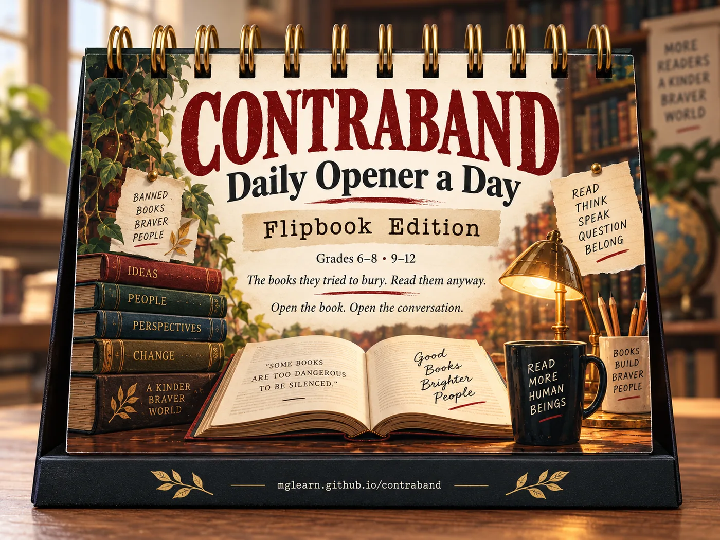 A Contraband daily opener flipbook standing open on a classroom desk beside stacked books