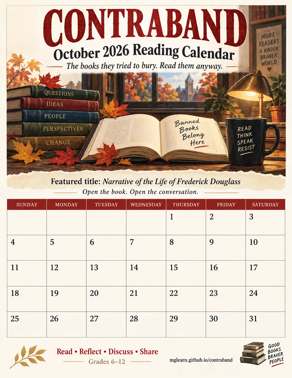 An October reading calendar poster listing a banned or challenged book for each day of the month