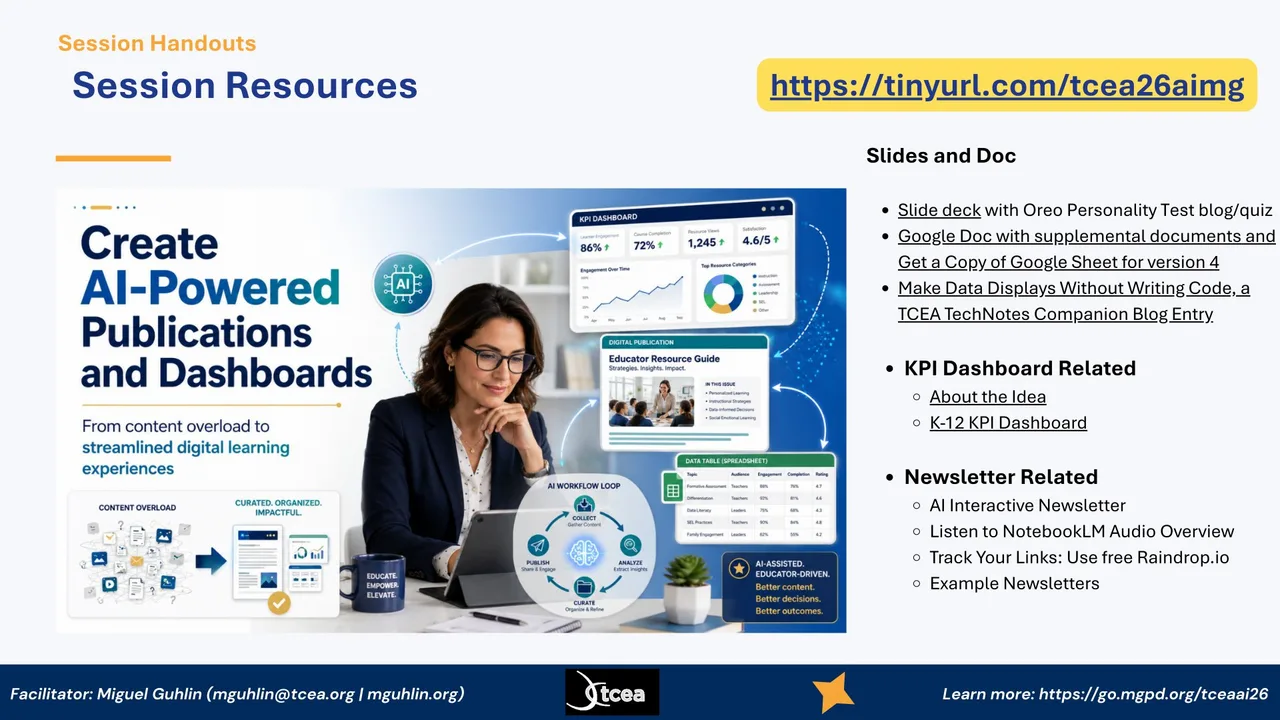 Session Resources, one link to the slide deck, docs, and example materials