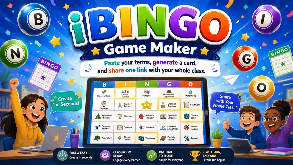 Colorful iBINGO Game Maker splash image with bingo cards, balls, and classroom learners