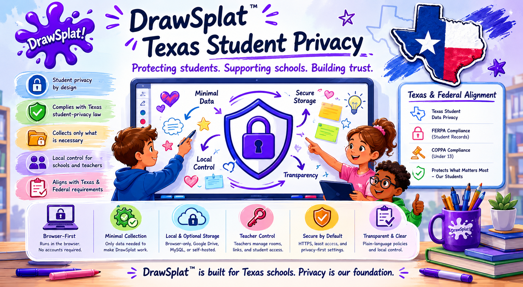 DrawSplatTM Texas Student Privacy overview: student privacy by design, complies with Texas student-privacy law, minimal data, local control, transparency, secure storage, and alignment with Texas Student Data Privacy, FERPA, and COPPA