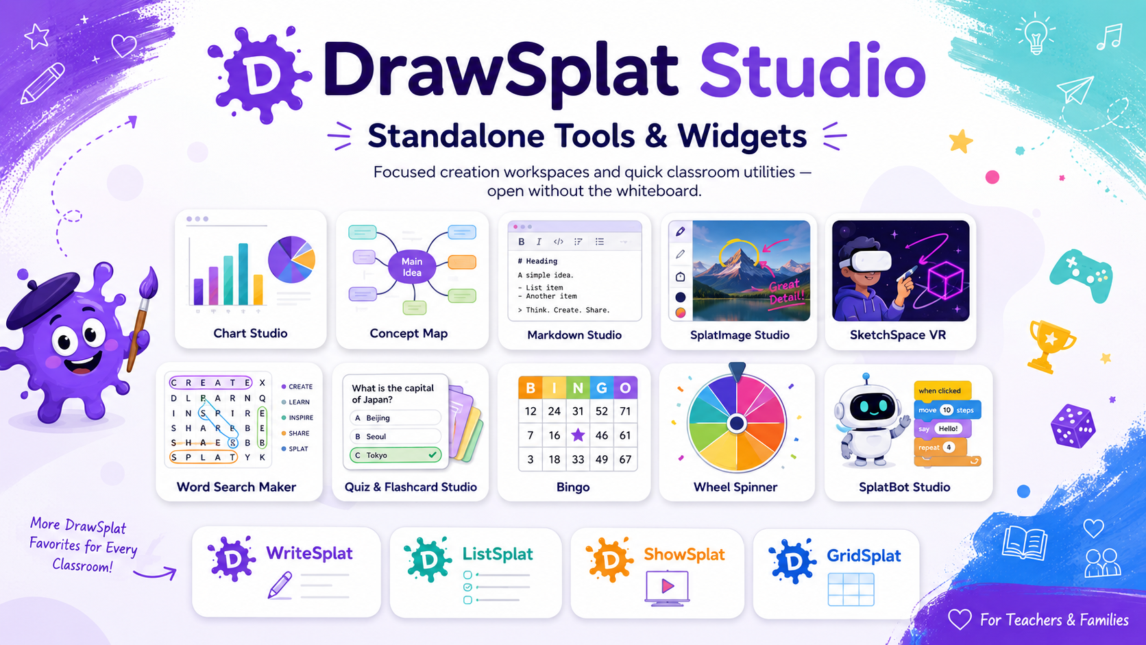 DrawSplat Studio overview showing tools, widgets, games, and classroom creation options