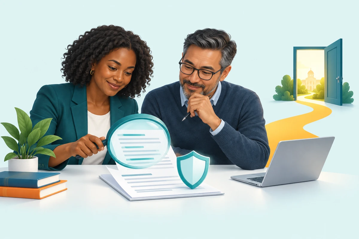 AI-generated concept illustration: two scholarship reviewers examine evidence together, with a transparent shield and a path to an open door representing trust, human oversight, and opportunity.
