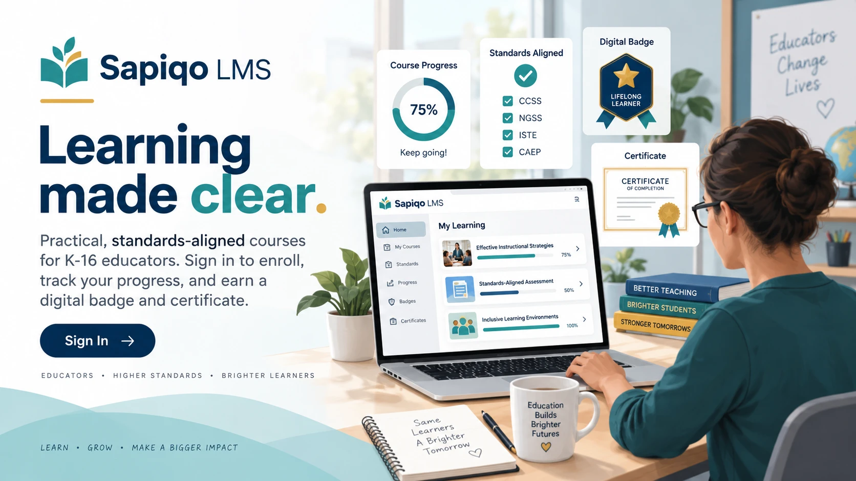 Sapiqo LMS educator illustration with an open book and growing leaves