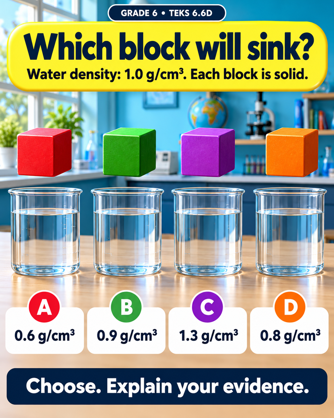 Density challenge poster with four solid blocks above water.