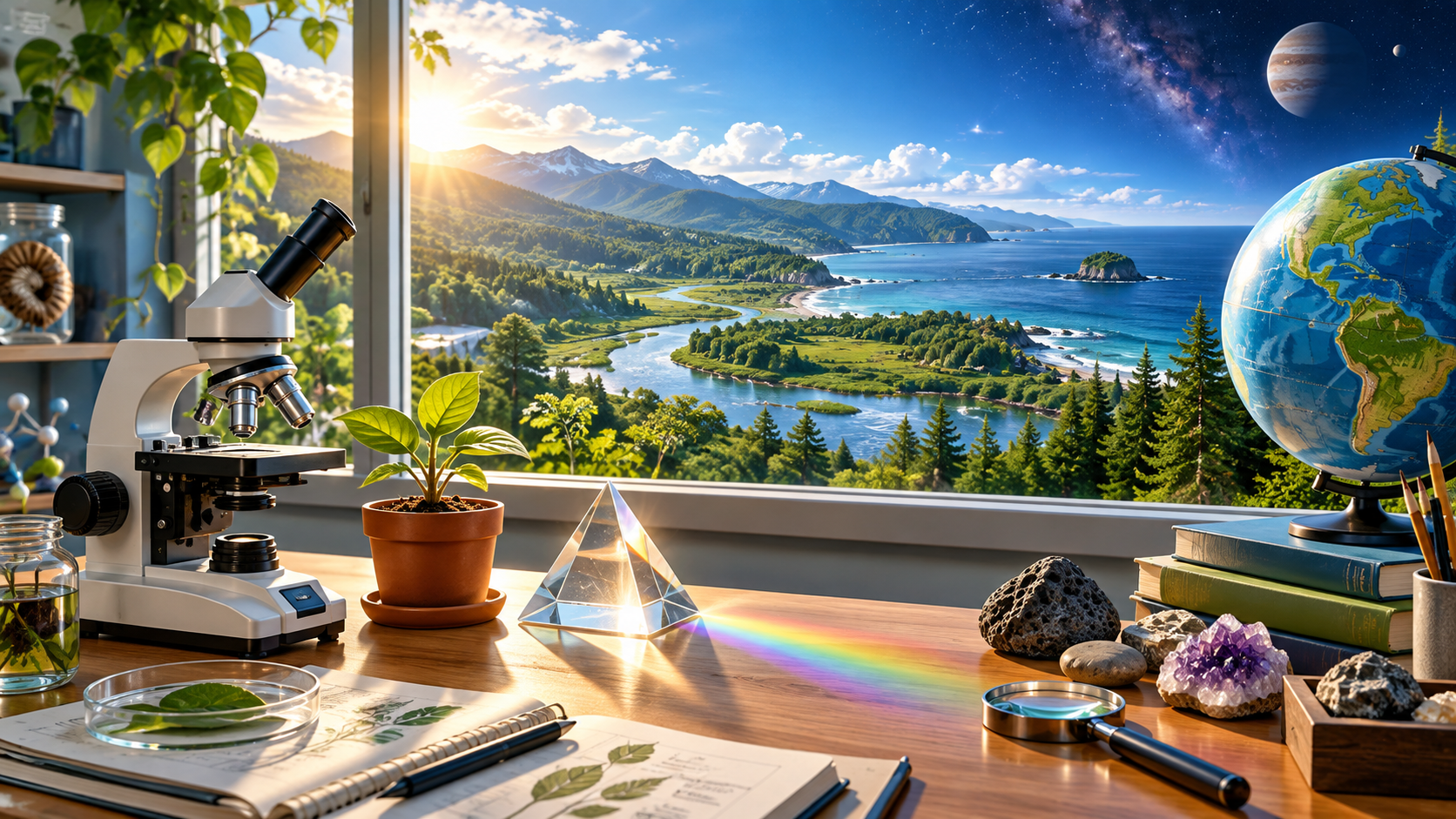 Illustrated science workbench with a microscope, seedling, prism, globe, and rocks overlooking a watershed, ocean, and starry sky.